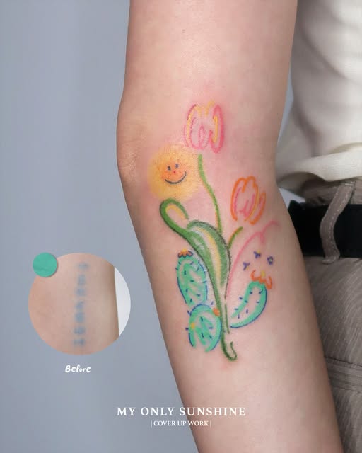 Color crayon cover-up tattoo of a smiling sun, cactus, and tulips on an inner arm